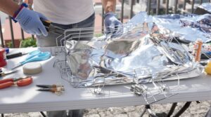 Build a compact, fold-flat solar cooker from reflective emergency blankets and wire hangers