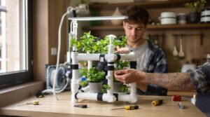 Make a compact foldable hydroponic tower from PVC pipe and 3D-printed joints for small-apartment growers