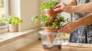 Build a self-watering indoor herb tower using stacked terracotta spikes and a passive wicking reservoir